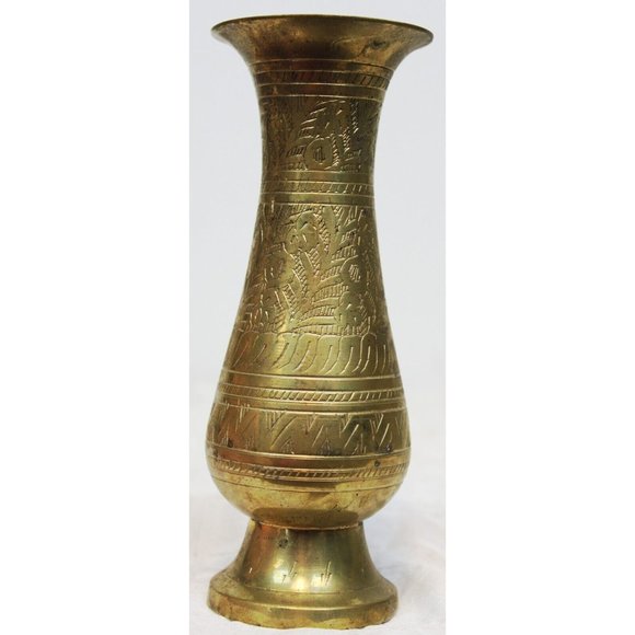 Vtg Solid Brass Metal Mini Bud Flower Vase Indian Etching Design Art Home Decor - Picture 2 of 11